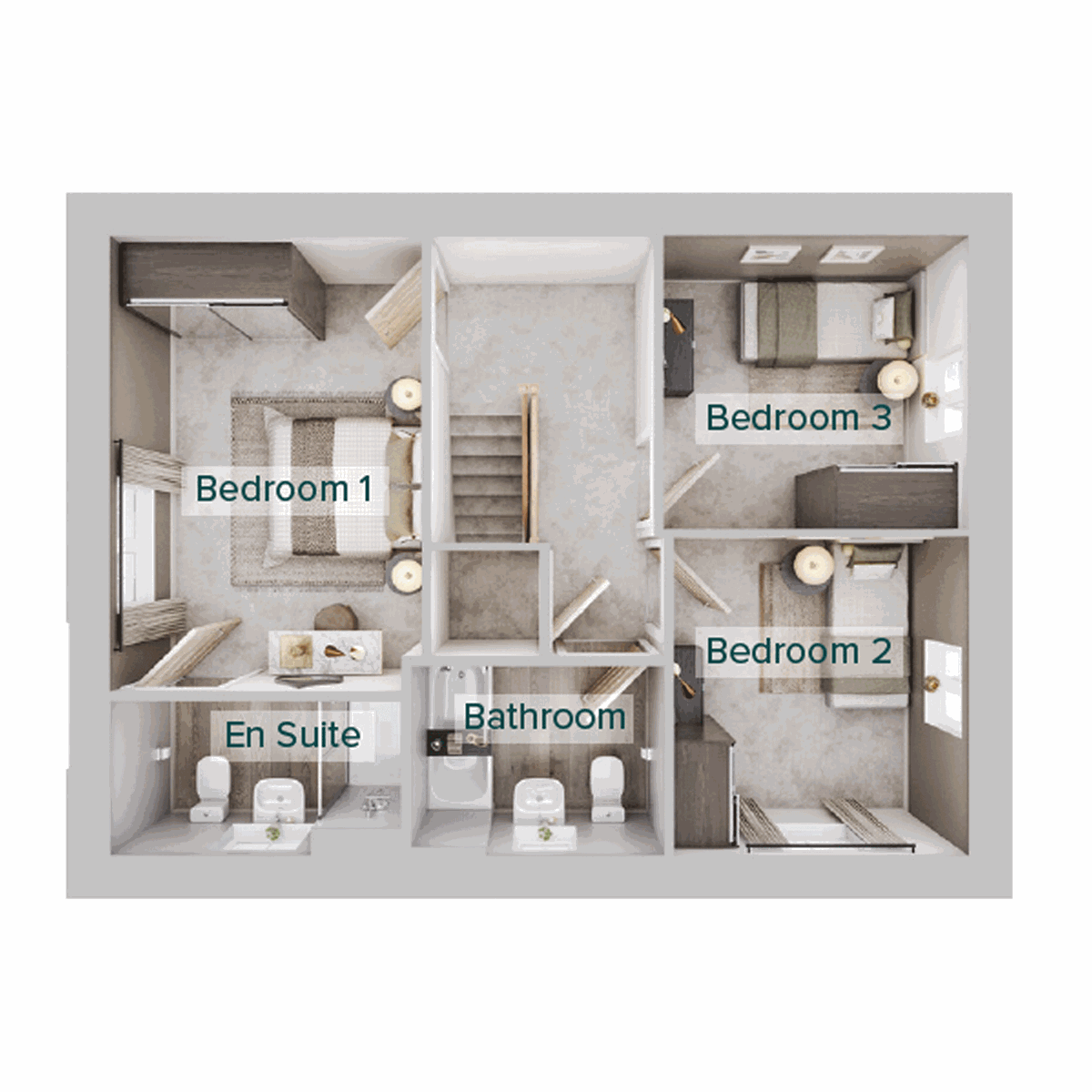 First floor plan showing three bedrooms, including bedroom one with en suite, a family bathroom.