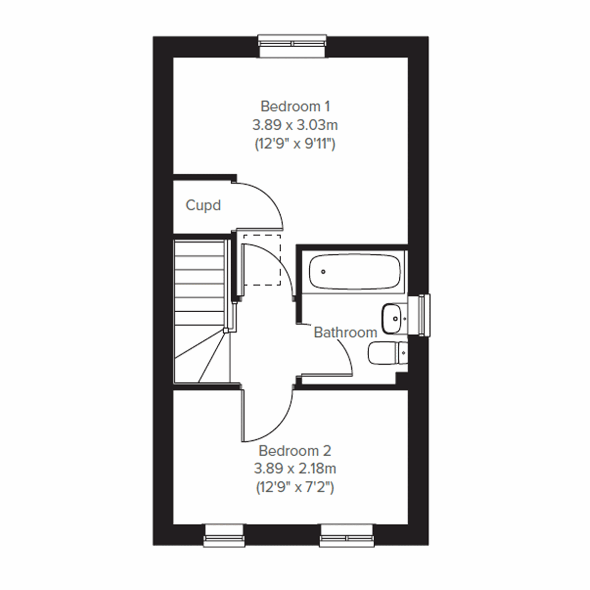 Alnmouth first floor plan at Minster View with two bedrooms and bathroom.