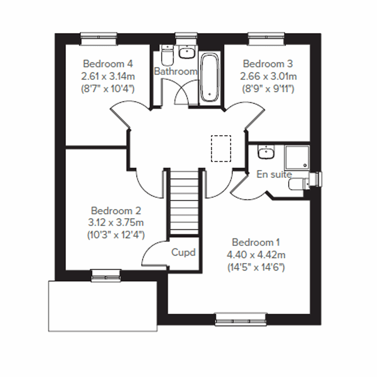 First floor plan of the Sherwood at Warren Park with three bedrooms, bathroom and en suite.