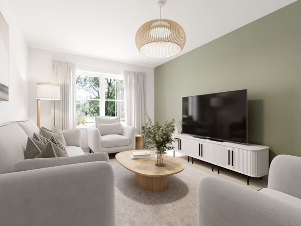 Bright living room with a green feature wall, a large flat-screen TV on a white media unit, and a light gray sofa set around a wooden coffee table. A woven pendant light hangs from the ceiling, and a large window with light curtains brings in natural light.