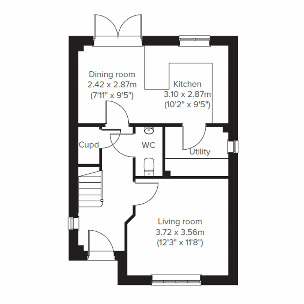Greenwood ground floor plan at Minster View with living room, kitchen, dining room and utility.