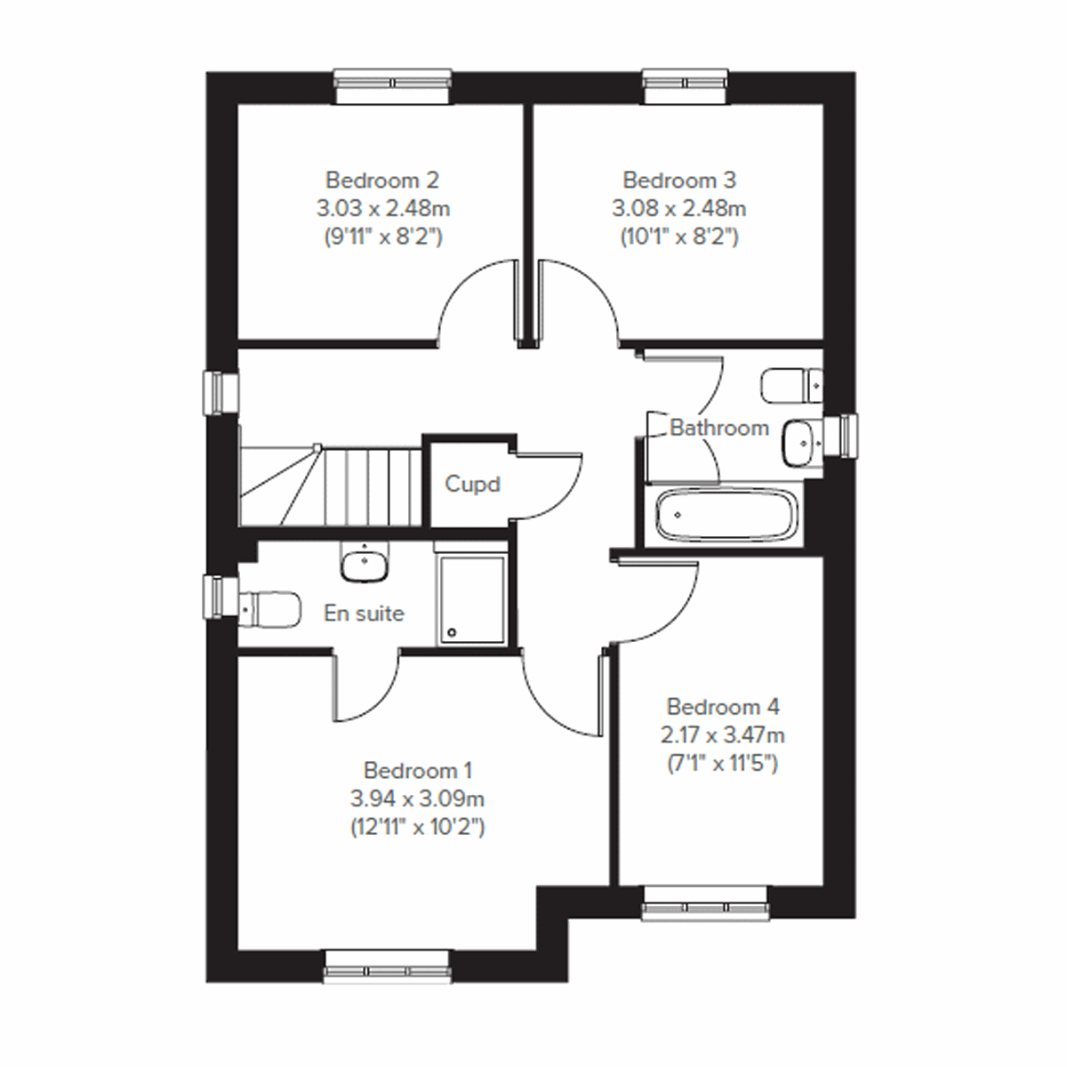 Knebworth first floor plan at Nutwell Grange with four bedrooms and en suite