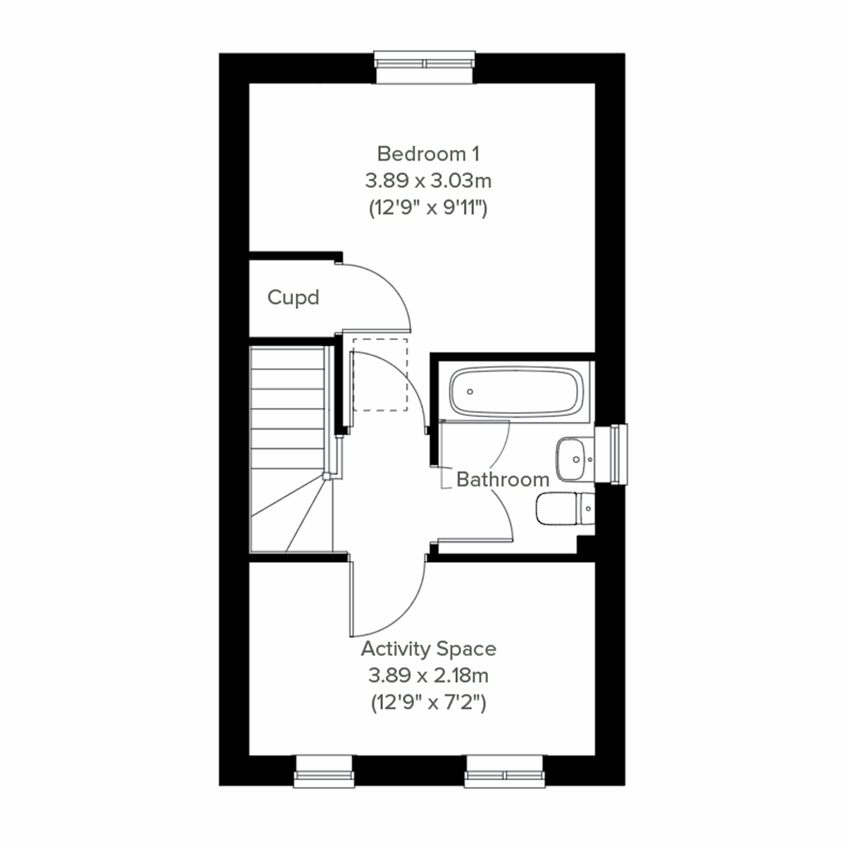 First-floor plan showing bedroom, bathroom and activity space in the Alnmouth home.