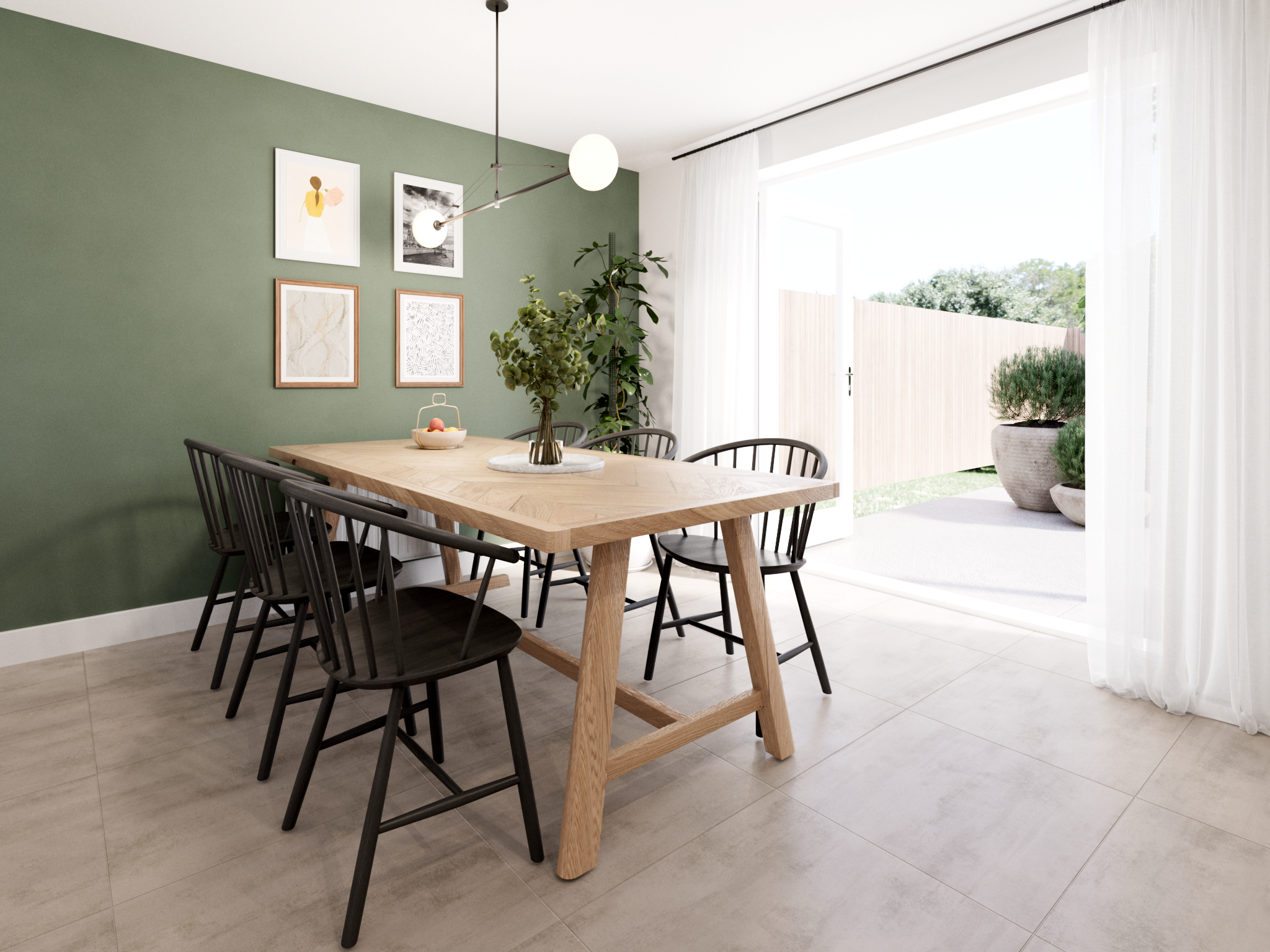 A dining room with French doors leading to the garden in a modern Persimmon home. 