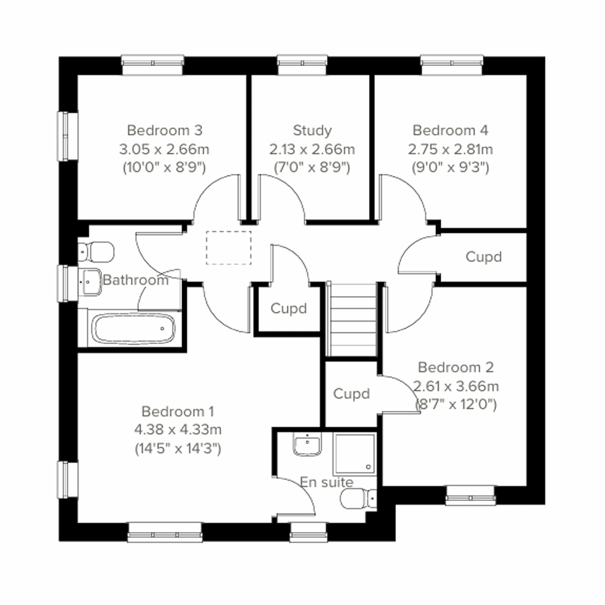 First floor plan of a four-bedroom home with principal bedroom and en suite, three additional bedrooms, study and family bathroom.