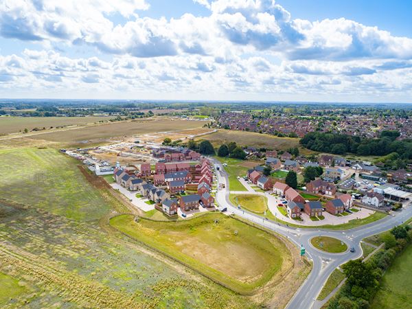 Aerial view of Persimmon Homes The Willows development in Downham Market, Norfolk surrounded by open countryside
