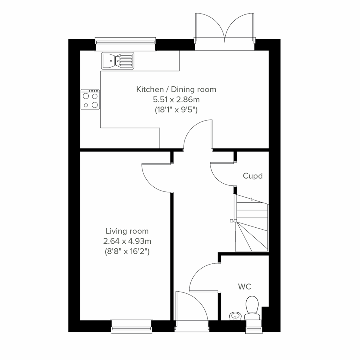 Ground floor plan of the Welburn, showing the living room, kitchen/dining room and WC.