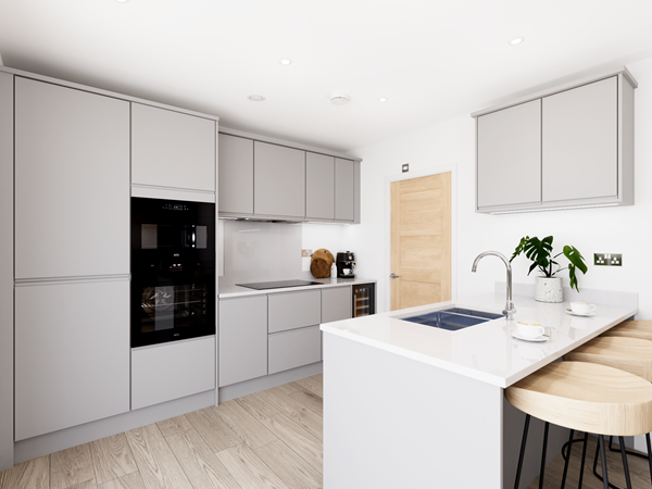 Contemporary light grey kitchen with sleek cabinets, integrated oven, white island with sink, and wooden bar stools for seating