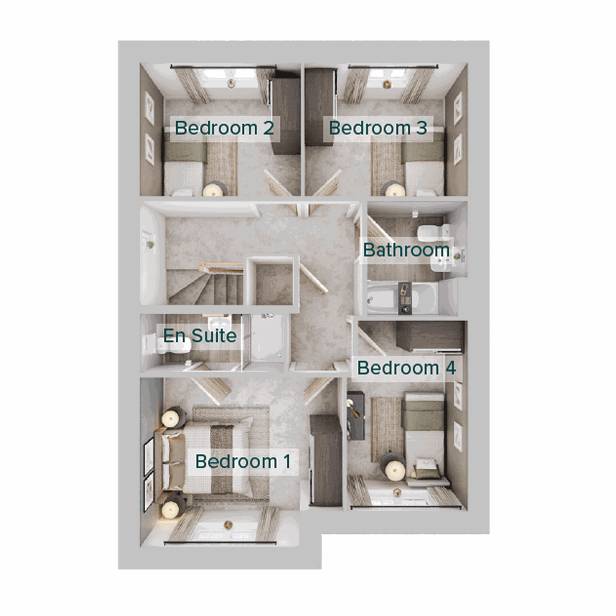 First floor plan showing four bedrooms, including bedroom one with en suite, a family bathroom.