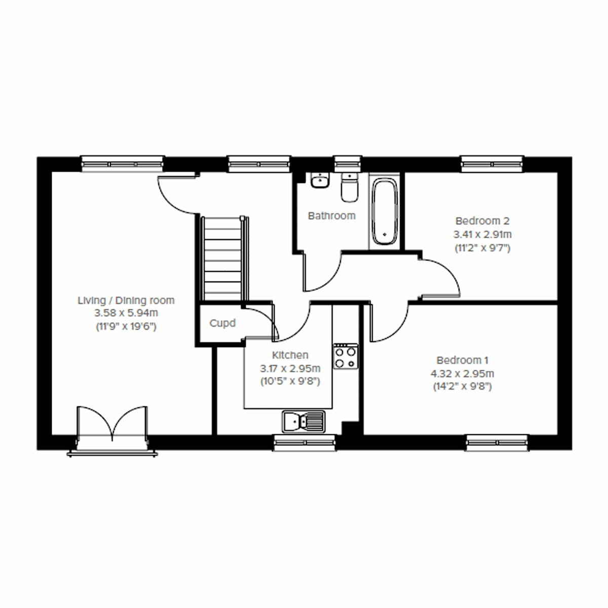 First floor plan of the Aeron showing two bedrooms, kitchen, bathroom and living/dining room.
