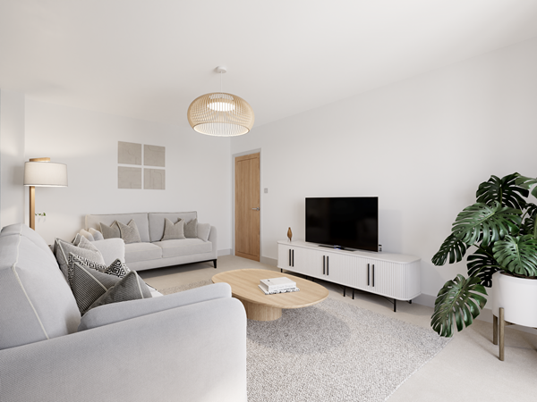 Bright living room with two light grey sofas, wooden coffee table, TV unit, large plant and neutral décor creating a modern cosy space.