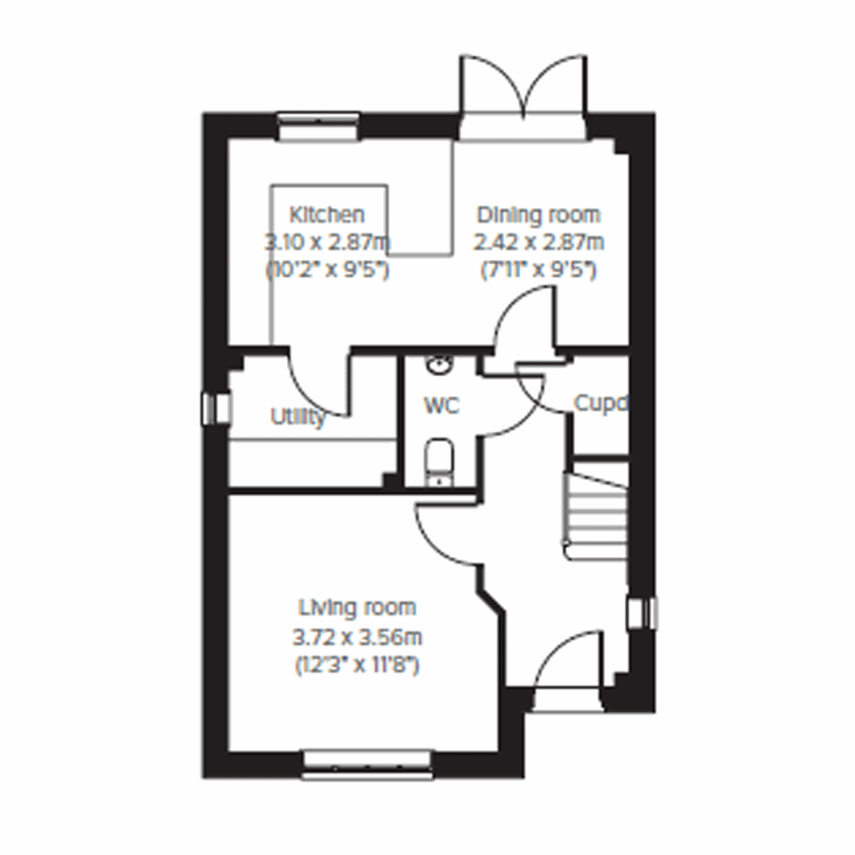 Ground floor plan of the Greenwood showing kitchen, dining room, living room, utility and WC.