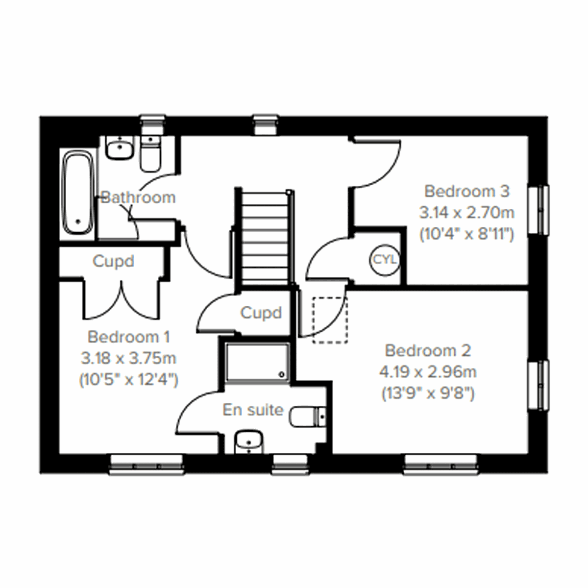 Floor plan of a three bedroom home at Persimmon Homes Festival Park development