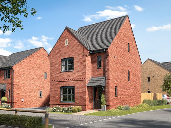 Front view of The Greenwood, a Persimmon Homes detached four-bedroom home with red brick exterior, private driveway parking and landscaped front garden.