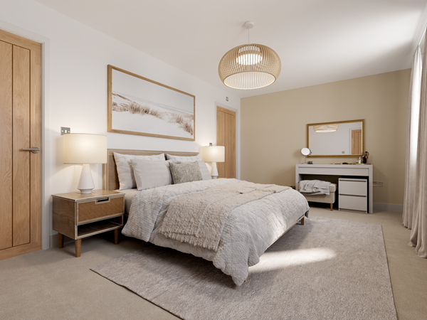 Modern bedroom with neutral tones, double bed with cosy bedding, wooden side tables, lamps, and a dressing table under soft natural light.