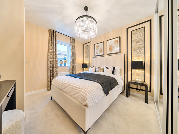 Master bedroom with feature wallpaper, soft lighting and modern décor.