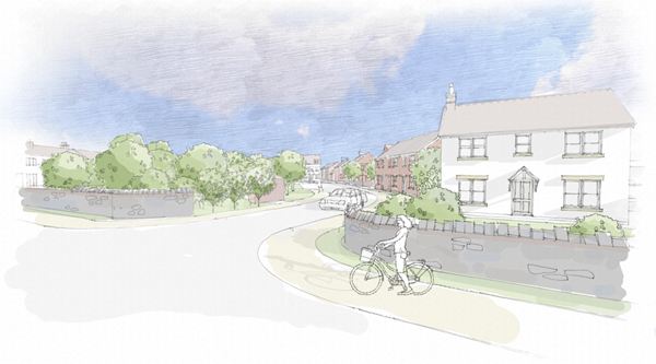 Illustrative image of the site layout with white rendered double fronted homes, green trees and cycle paths