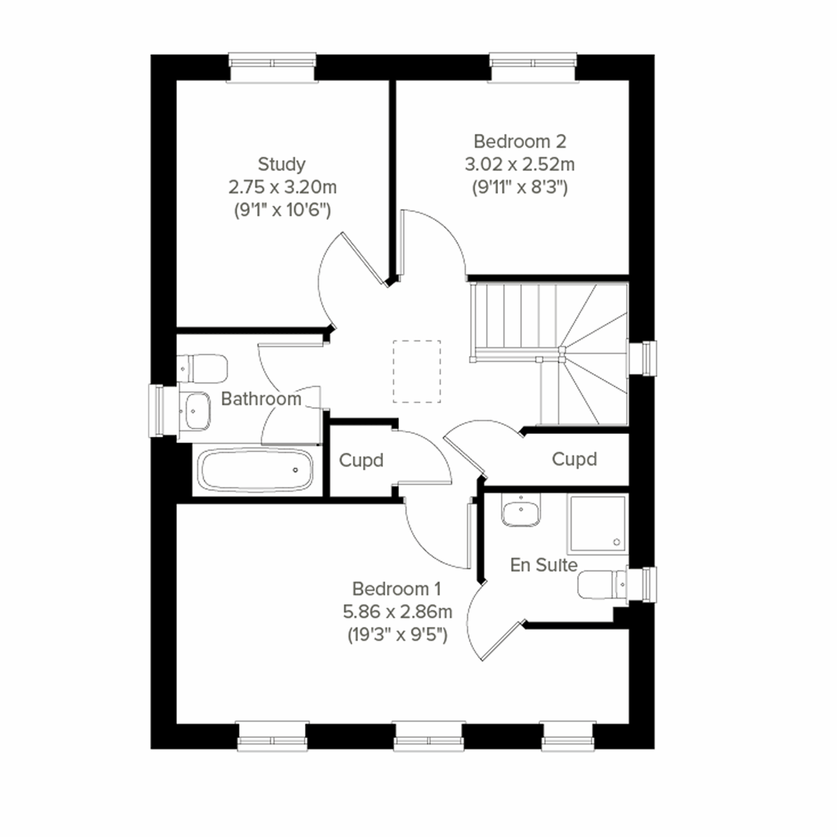 First floor plan of the Delamare at Everingham Place with bedroom, study and en suite.