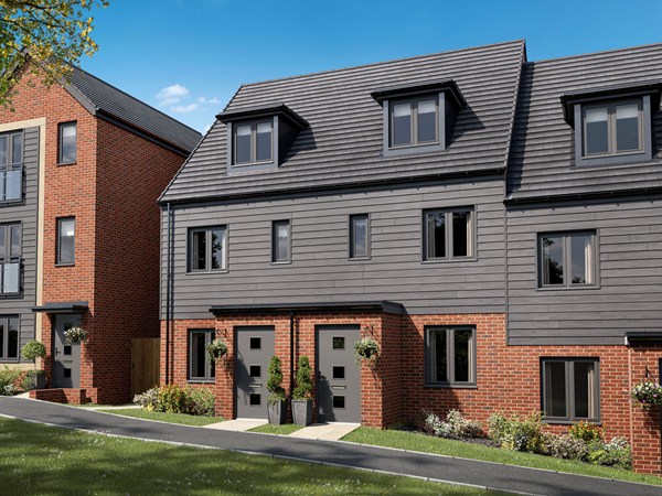 Front view of the Saunton three-storey new build homes at Llys Pentre.