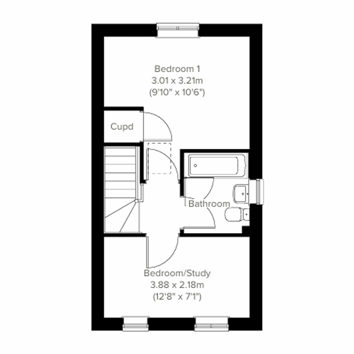 Alnmouth floor plan with two bedrooms, bathroom and storage cupboard.