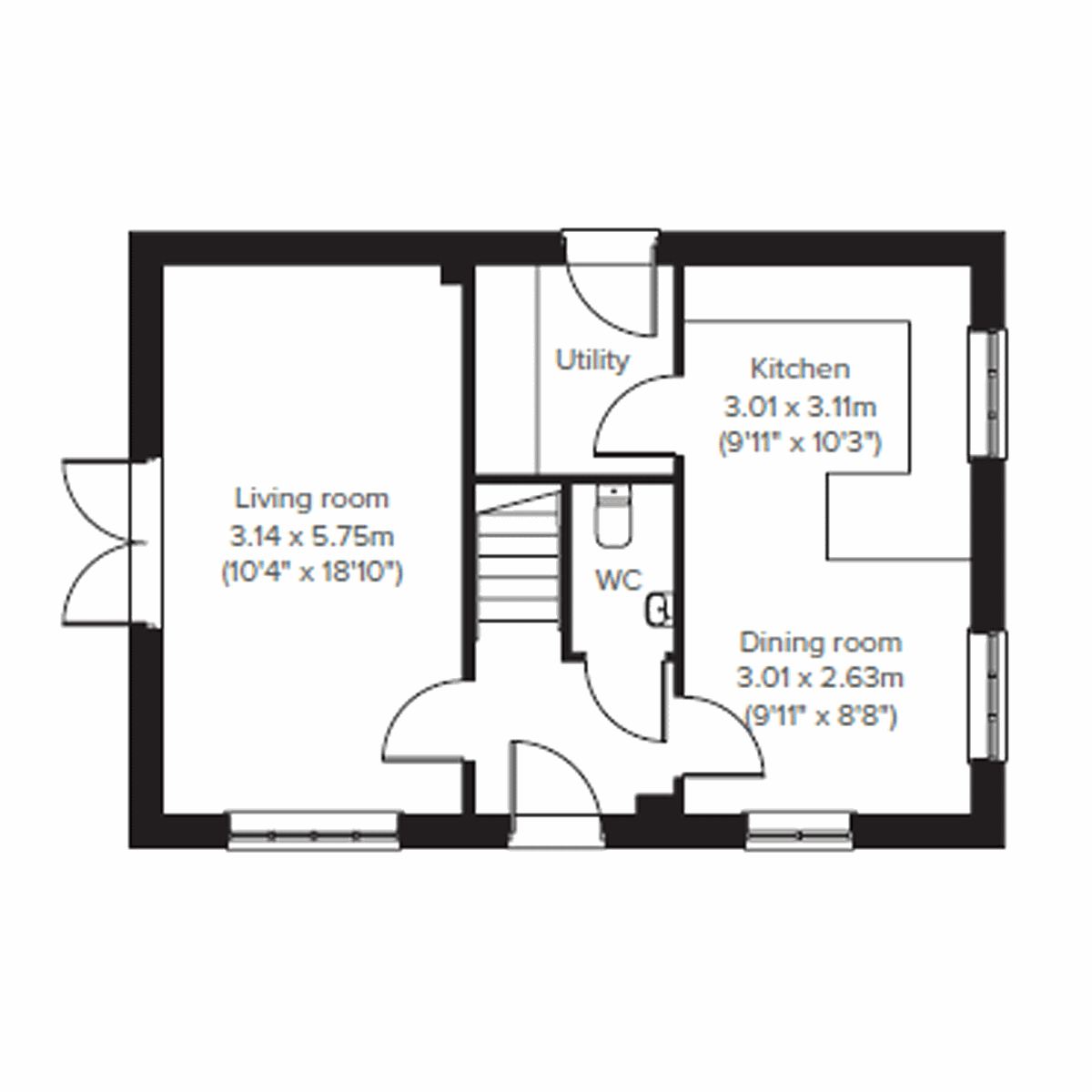 Ground floor plan of the Barndale showing kitchen, dining room, living room, utility and WC.