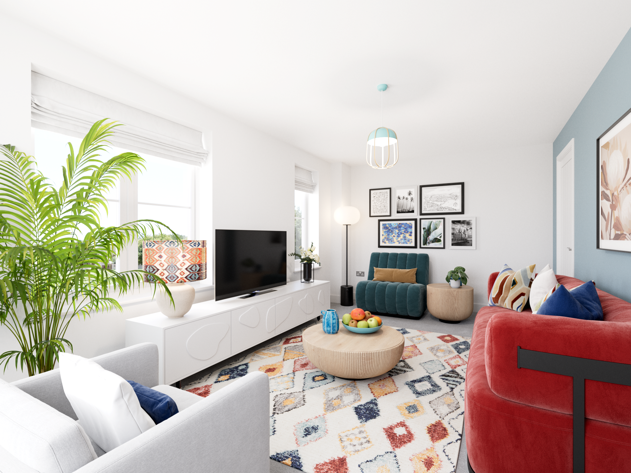 A colourfully decorated living room in a modern Persimmon home. 