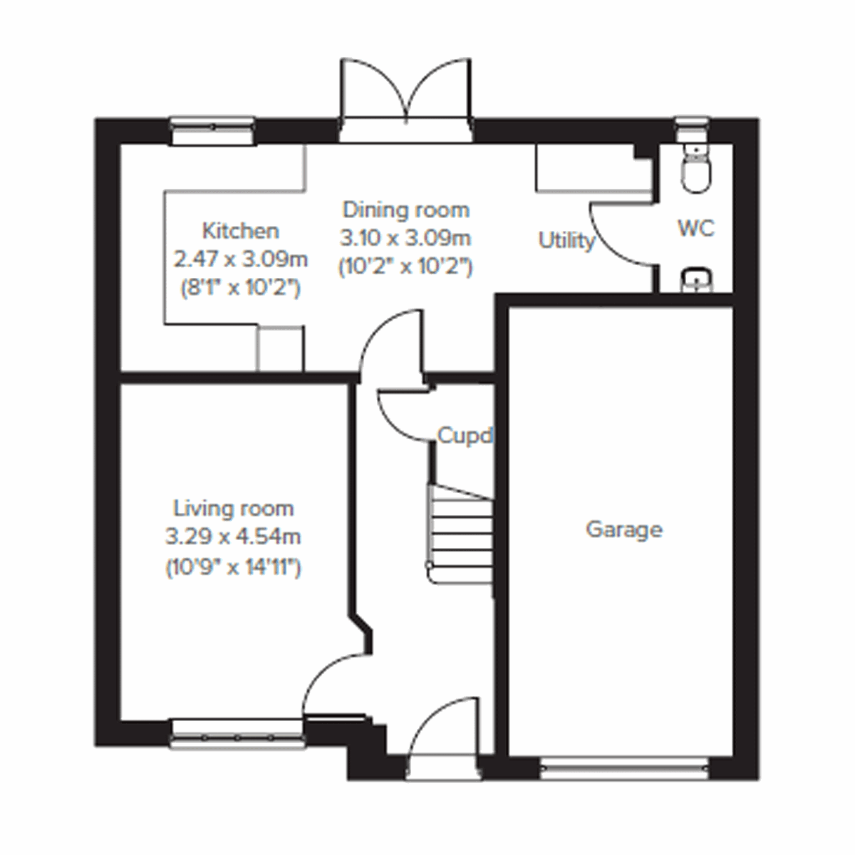 Ground floor plan of the Marston showing kitchen, dining room, living room, utility and garage.