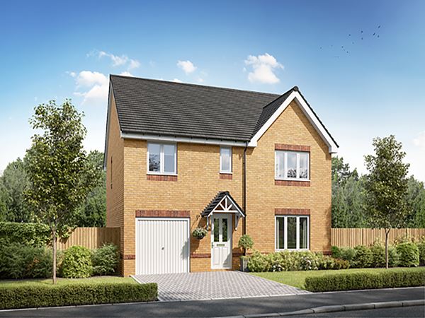 Front view of a modern two-storey detached home with garage, pitched roof, and landscaped garden at Persimmon Homes Kings Gate development in Beith, Ayrshire.