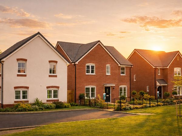 Row of modern detached homes at sunset on a landscaped street at Hawthorn development.