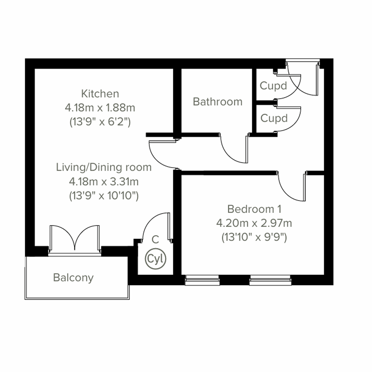 Floor plan showing a one-bedroom apartment with an open-plan living and dining room, separate kitchen, bathroom, bedroom, storage cupboards and balcony.