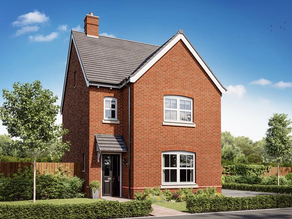 Front view of a red brick detached new build home with dark front door at Minter View.