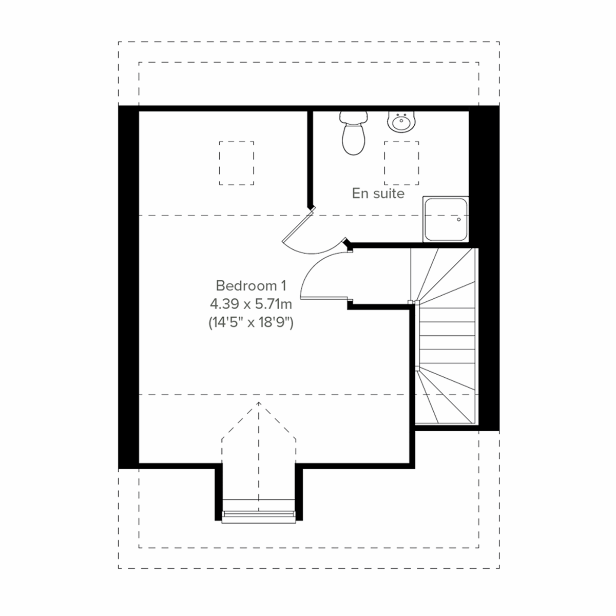 Second floor plan of the Welburn, showing bedroom one with an en suite.