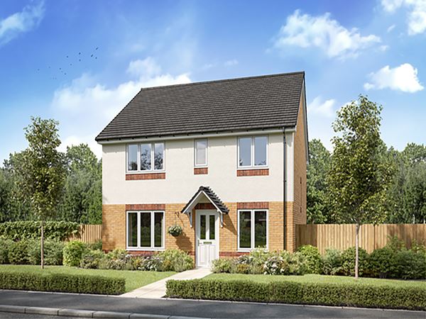 Front view of a modern two-storey detached home with white render, red-brick detailing, pitched roof, and landscaped garden at Persimmon Homes Kings Gate development in Beith, Ayrshire.
