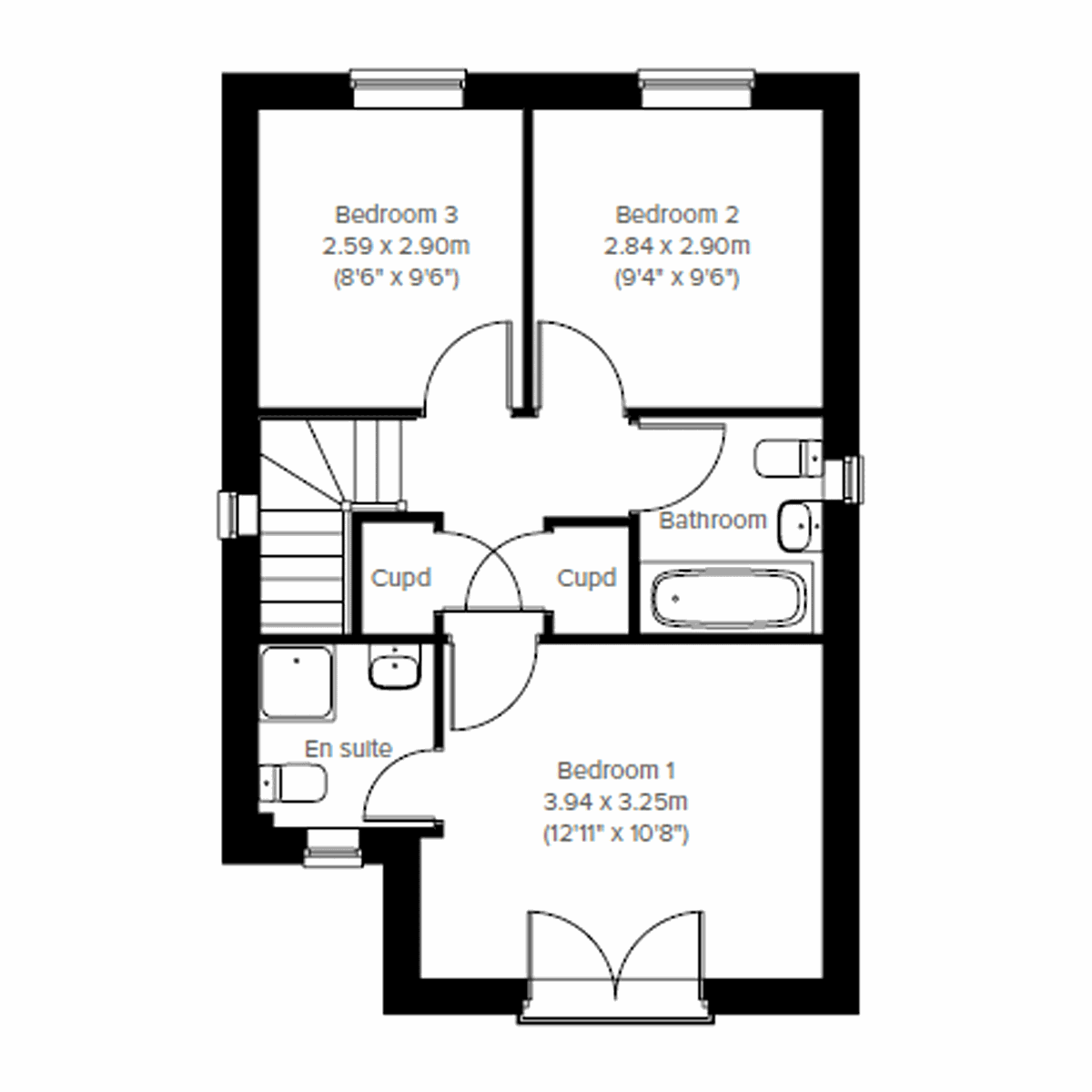First floor plan of the Sherwood showing three bedrooms, bathroom and en suite.