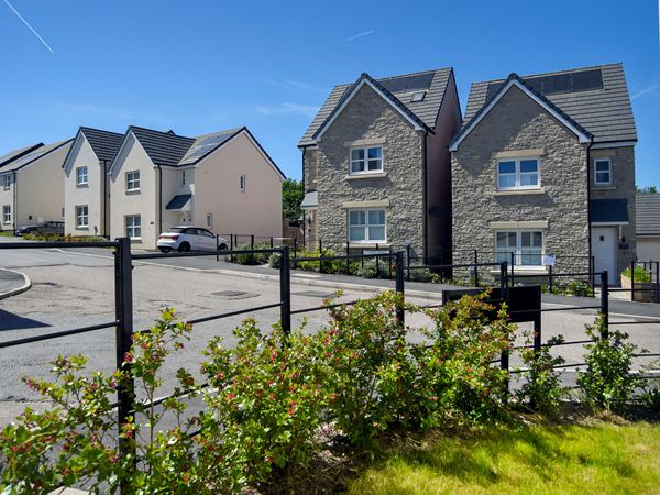 Street scene showing new build homes and landscaped planting at Trehenlis Gardens.