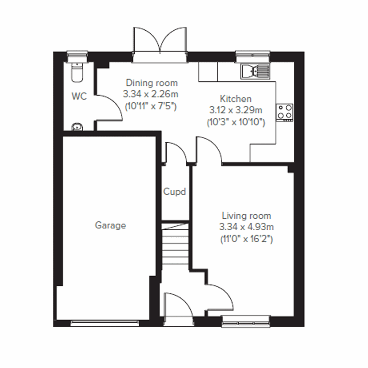 Ground floor plan of the Sherwood at Warren Park with kitchen, dining room and living room.