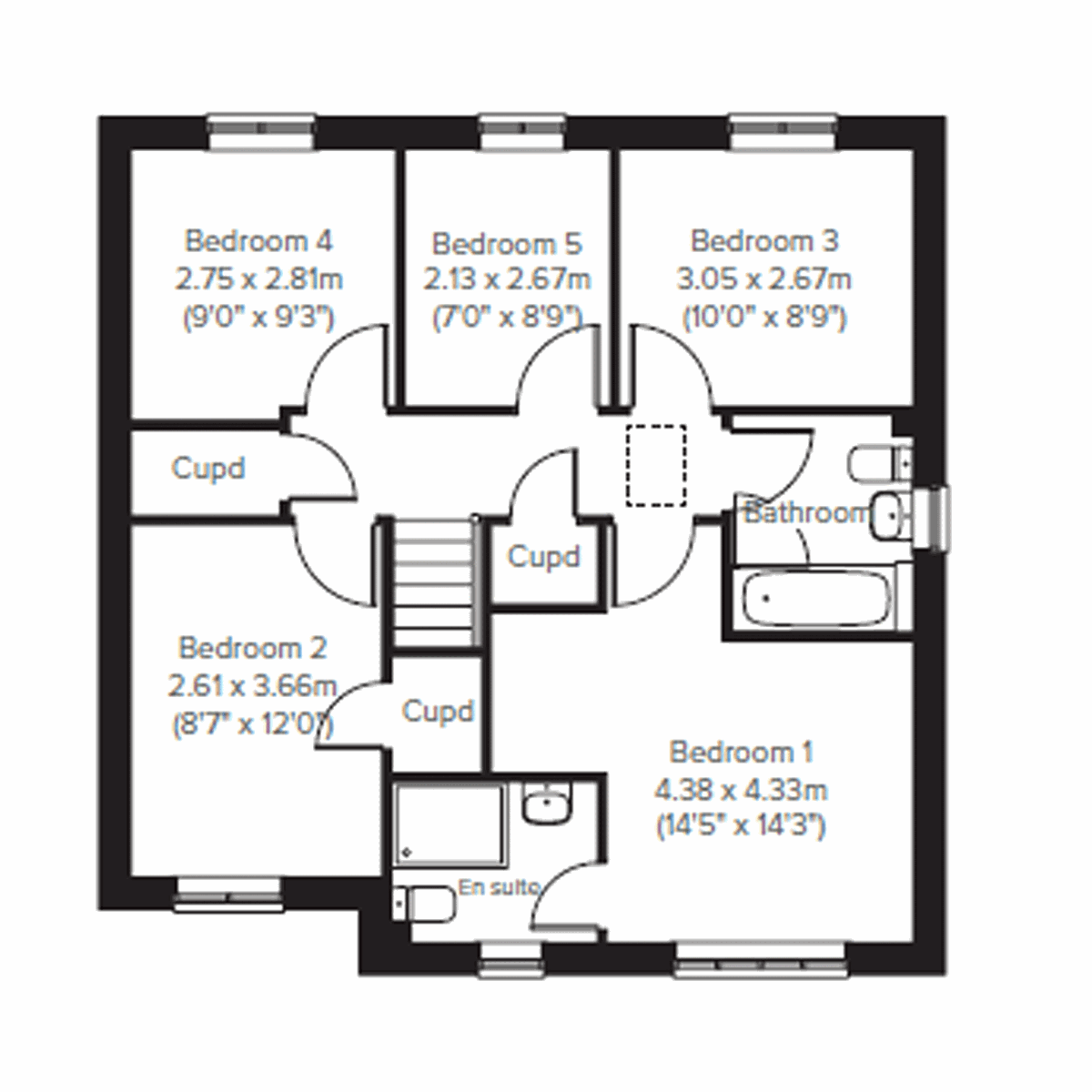 First floor plan of the Kielder showing five bedrooms, bathroom and en suite.