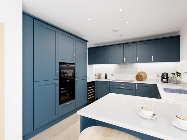 Modern kitchen with navy blue cabinets, white countertops, and integrated appliances including an oven and wine cooler. A central island with a white surface and wooden bar stools serves as a focal point. Light wood flooring and recessed ceiling lights complete the look.