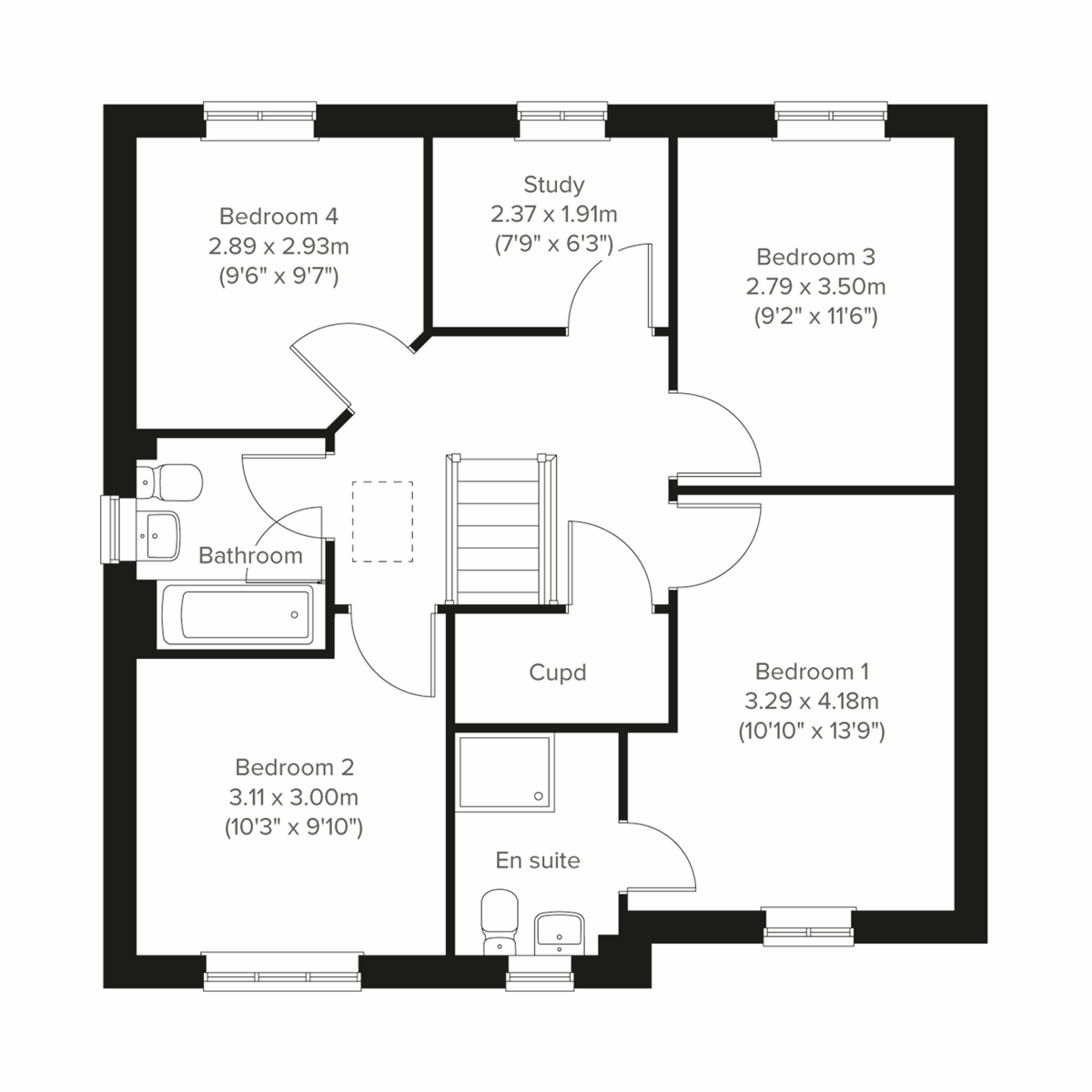 First floor plan of a four-bedroom Marston home with study, bathroom, en suite to bedroom one and central landing with cupboard