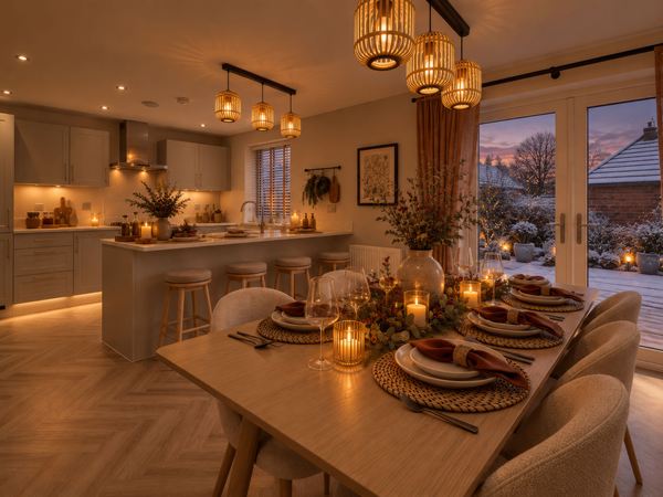 Open-plan show home kitchen and dining room with festive decorations at Mulberry Park.
