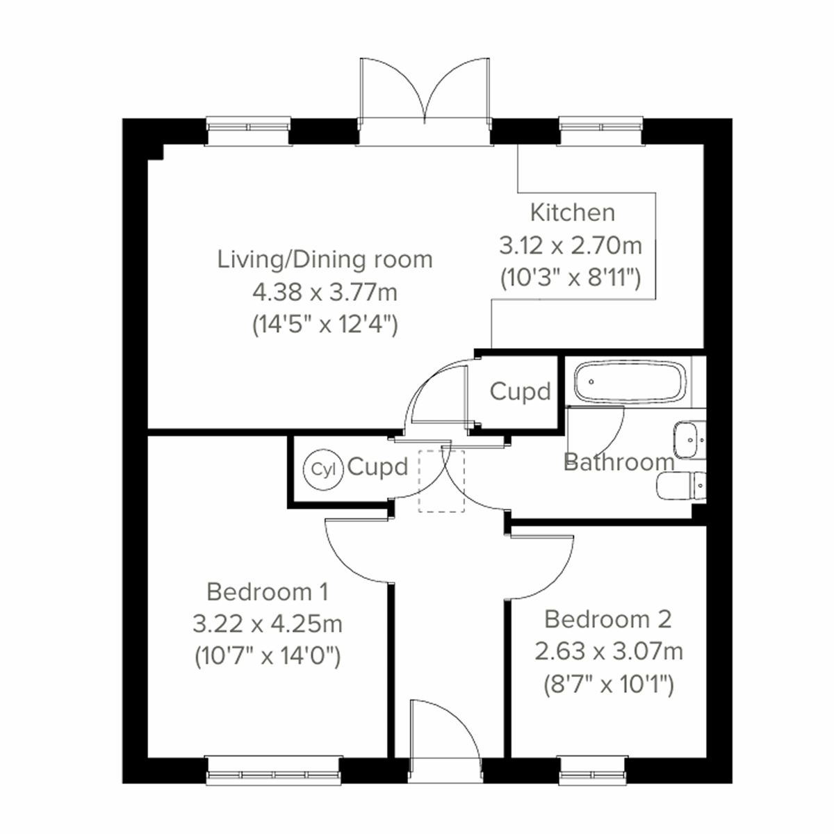 Floor plan of Wentwood Corner showing two bedrooms, kitchen, living/dining room and bathroom.