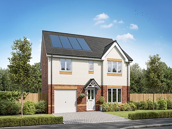 Front view of a modern two-storey detached home with solar panels, garage, and landscaped garden at Persimmon Homes Kings Gate development in Beith, Ayrshire.