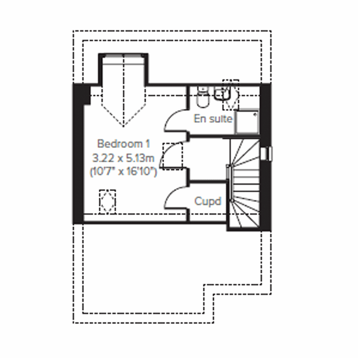 Second floor plan of the Greenwood showing bedroom 1, en suite and storage.