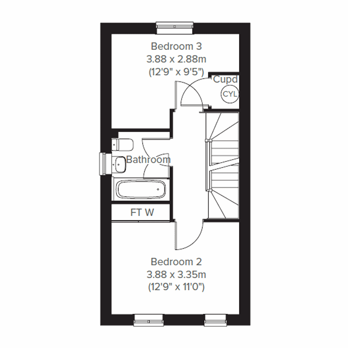 Floor plan of a 3 bed home at Persimmon Homes development in Easton with bedroom two and three and family bathroom