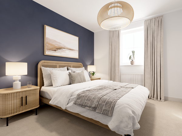 Cozy bedroom featuring navy accent wall, large bed with textured bedding, mirrored wardrobe doors, and soft neutral decor