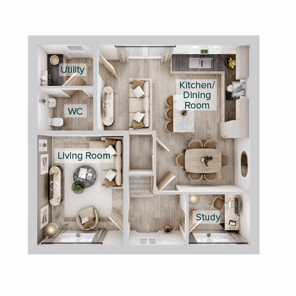Fround floor plan showing a living room, open-plan kitchen/dining room, utility room, study, WC.