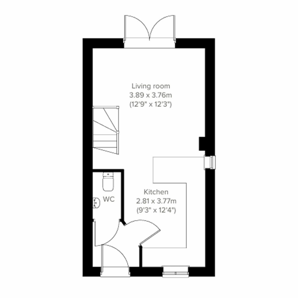 Alnmouth first floor plan with living room, kitchen and WC.