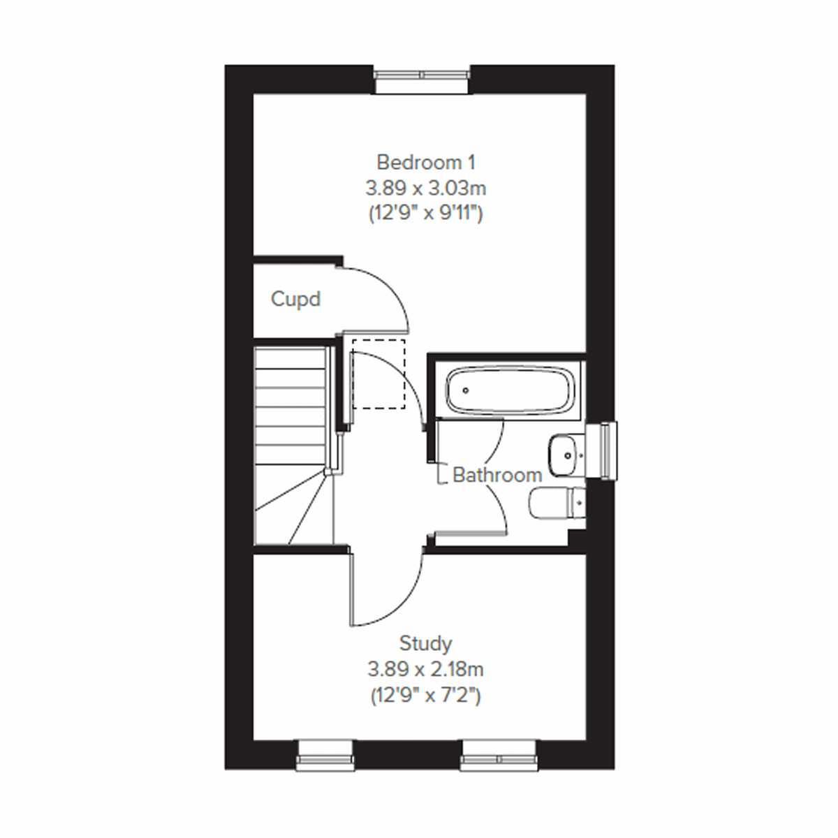 First floor plan of the Alnmouth at Warren Park with bedroom, study and bathroom.