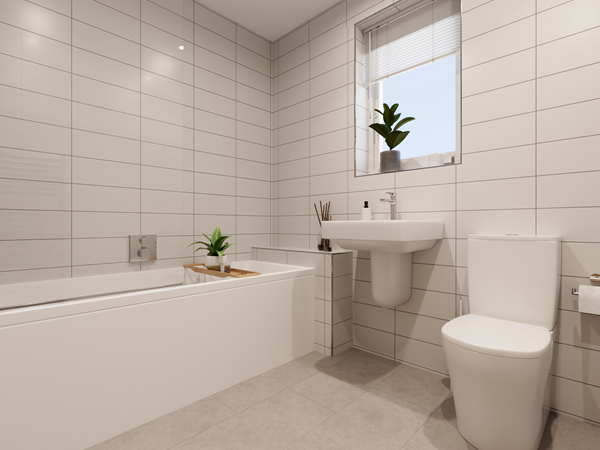 Contemporary bathroom with white subway-style wall tiles, a bathtub with a wooden tray, and a wall-mounted sink beneath a small window with blinds. A white toilet is positioned on the right, and decorative plants add a touch of greenery.