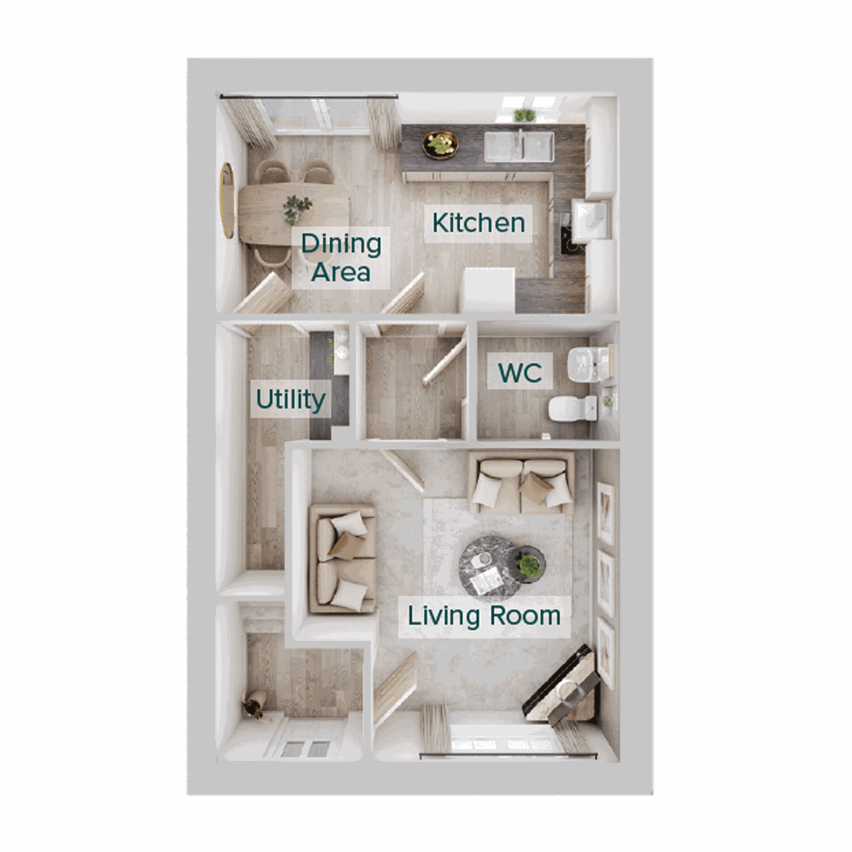 Ground floor plan showing a living room, separate kitchen and dining area, utility room, WC.